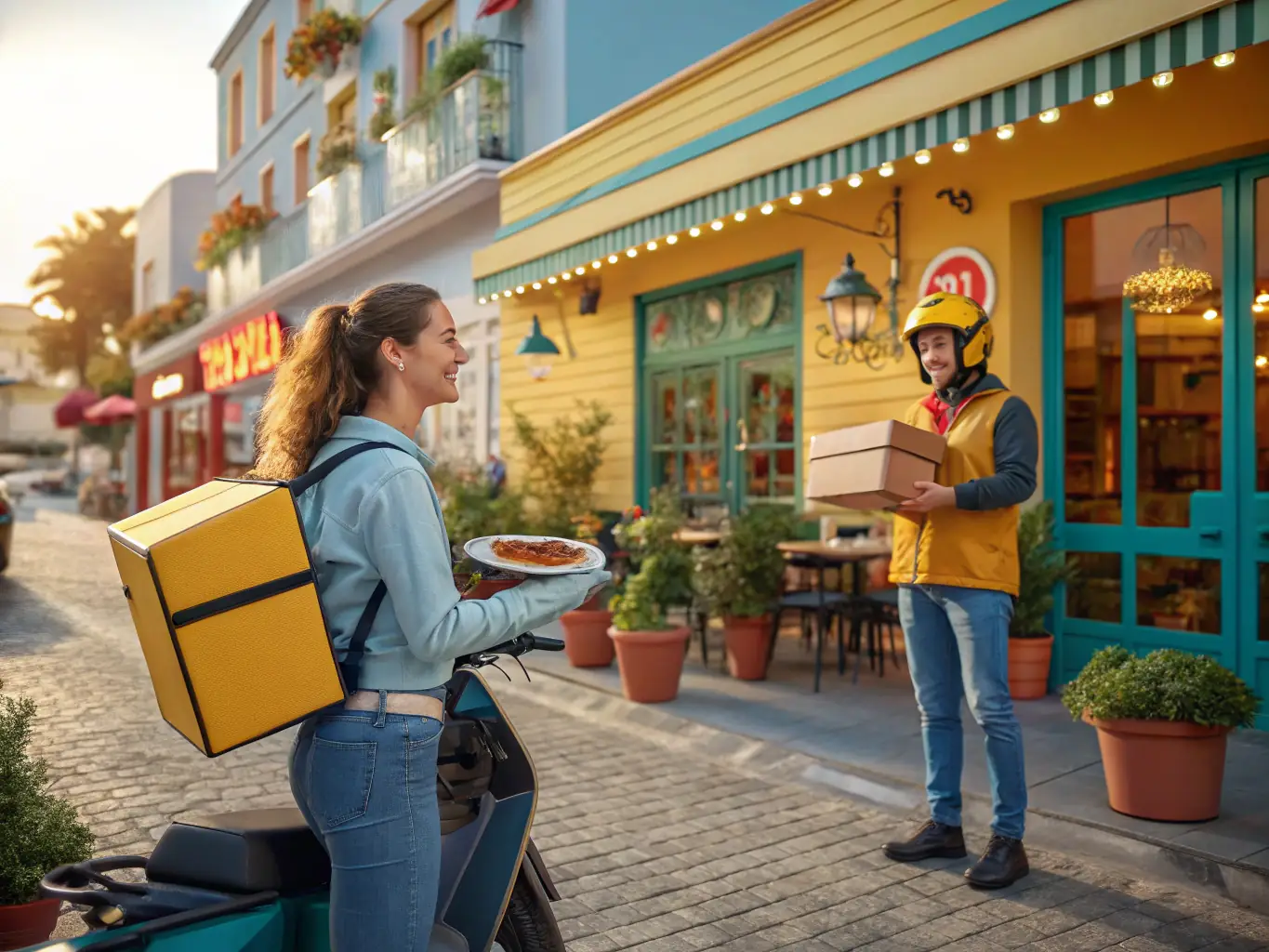 A customer smiling as they receive a food delivery from a Fooodle rider in front of a vibrant, independent restaurant, showcasing the convenience and support for local businesses.