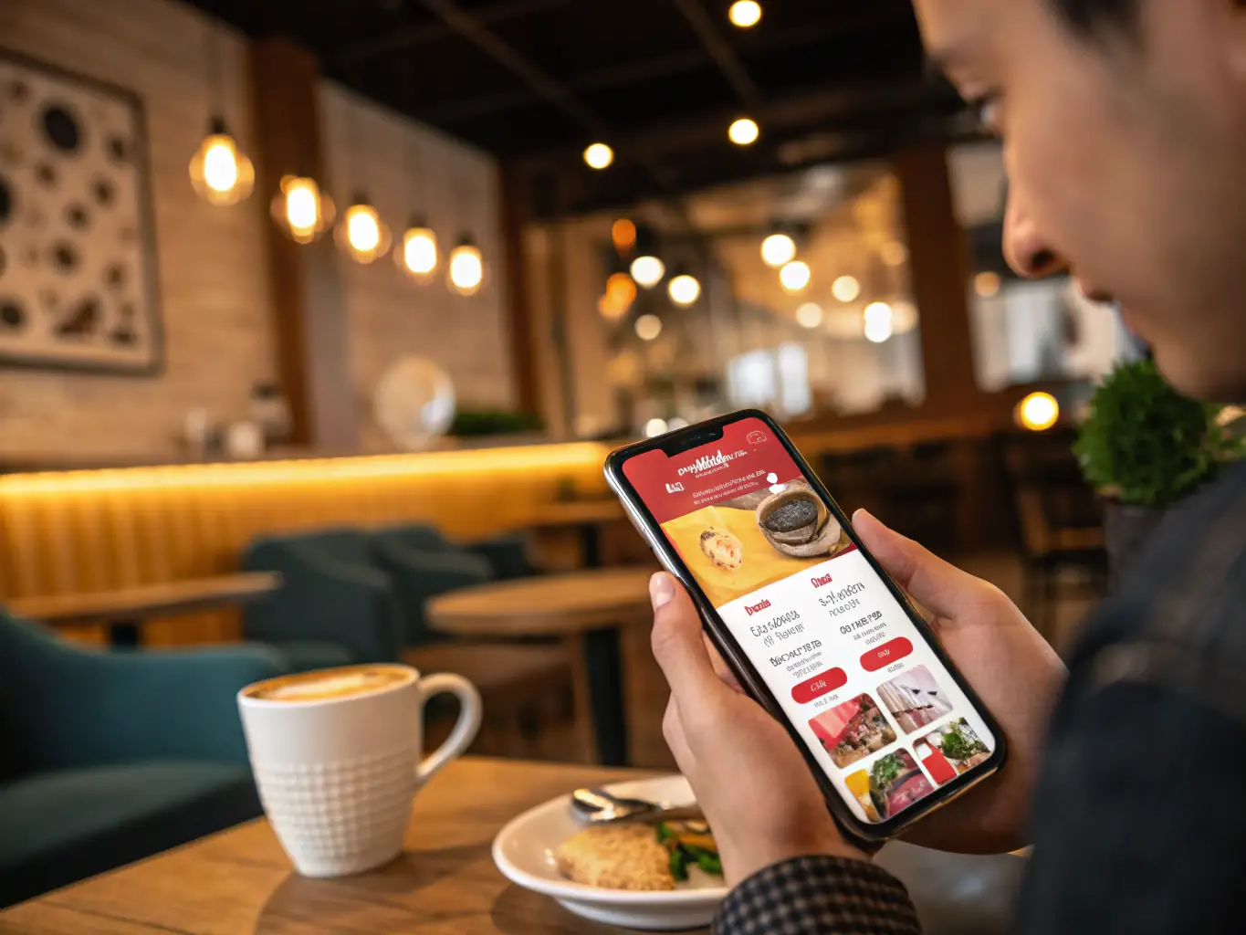 A customer browsing the Fooodle app on their phone, selecting a restaurant and adding items to their cart. The app interface is clean and user-friendly, showcasing local restaurants.