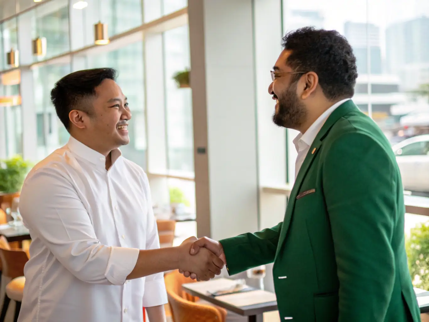A restaurant owner smiling and shaking hands with a Fooodle representative, symbolizing a successful partnership.
