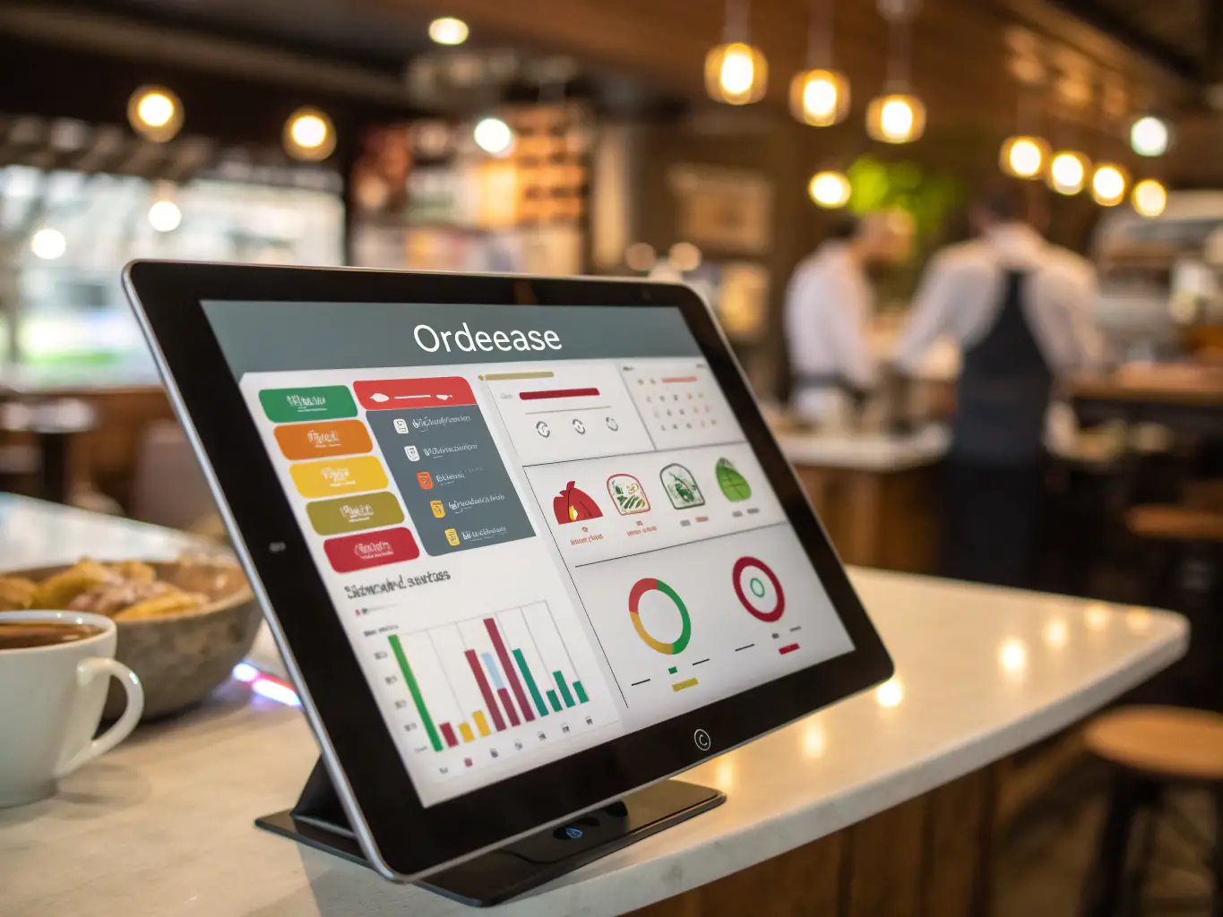 A tablet displaying the Fooodle restaurant management dashboard, showing real-time order tracking and analytics.