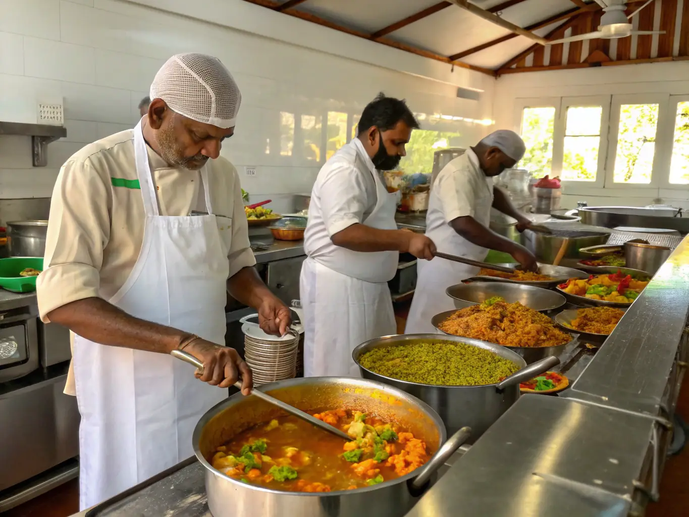 A bustling restaurant kitchen with chefs preparing meals, ready for Fooodle delivery orders, showcasing efficiency and teamwork.