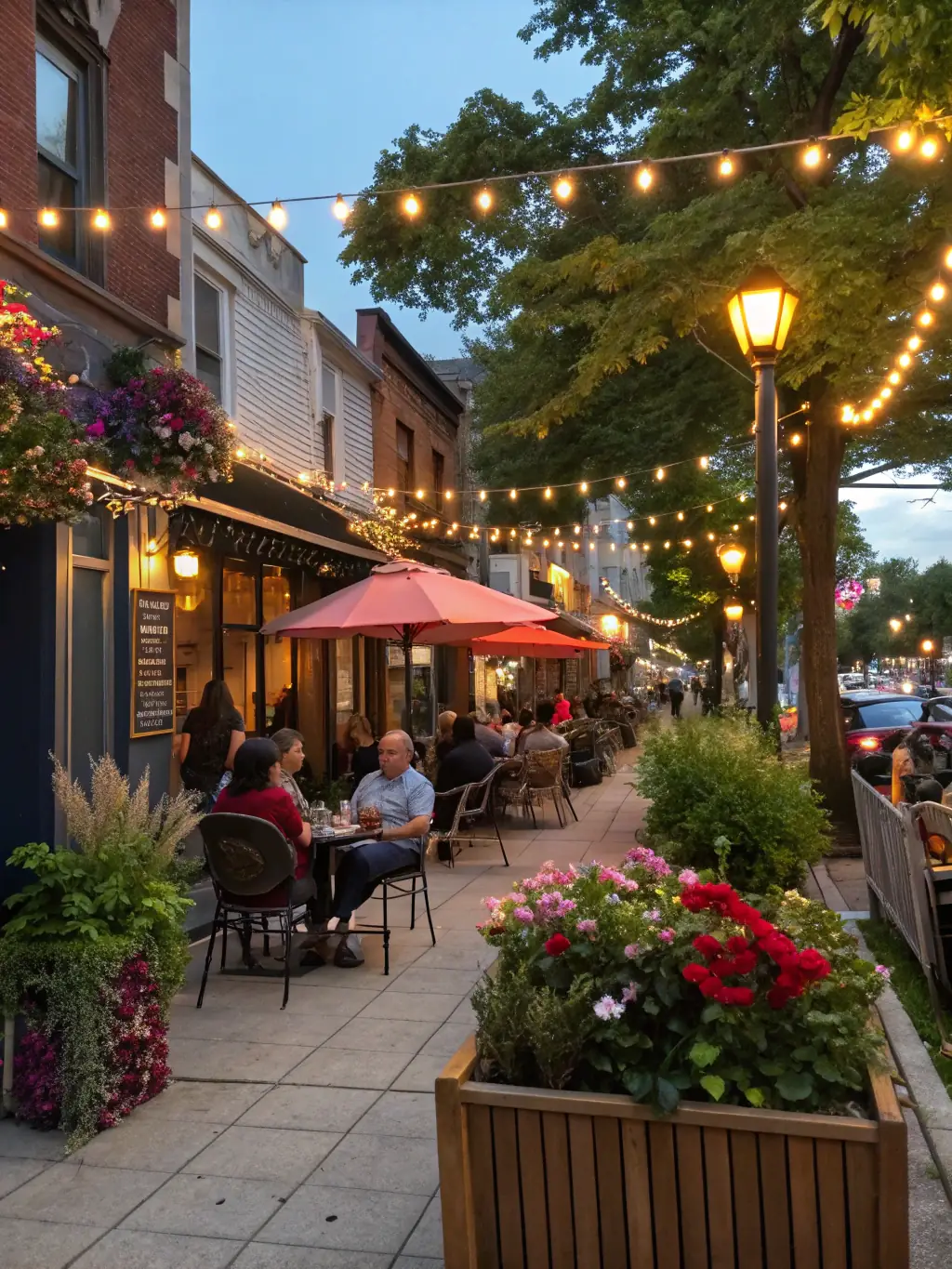 A vibrant, high-angle shot of Café Aroma's outdoor seating area, showcasing its cozy ambiance with patrons enjoying coffee and pastries, emphasizing its partnership with Fooodle for local delivery.