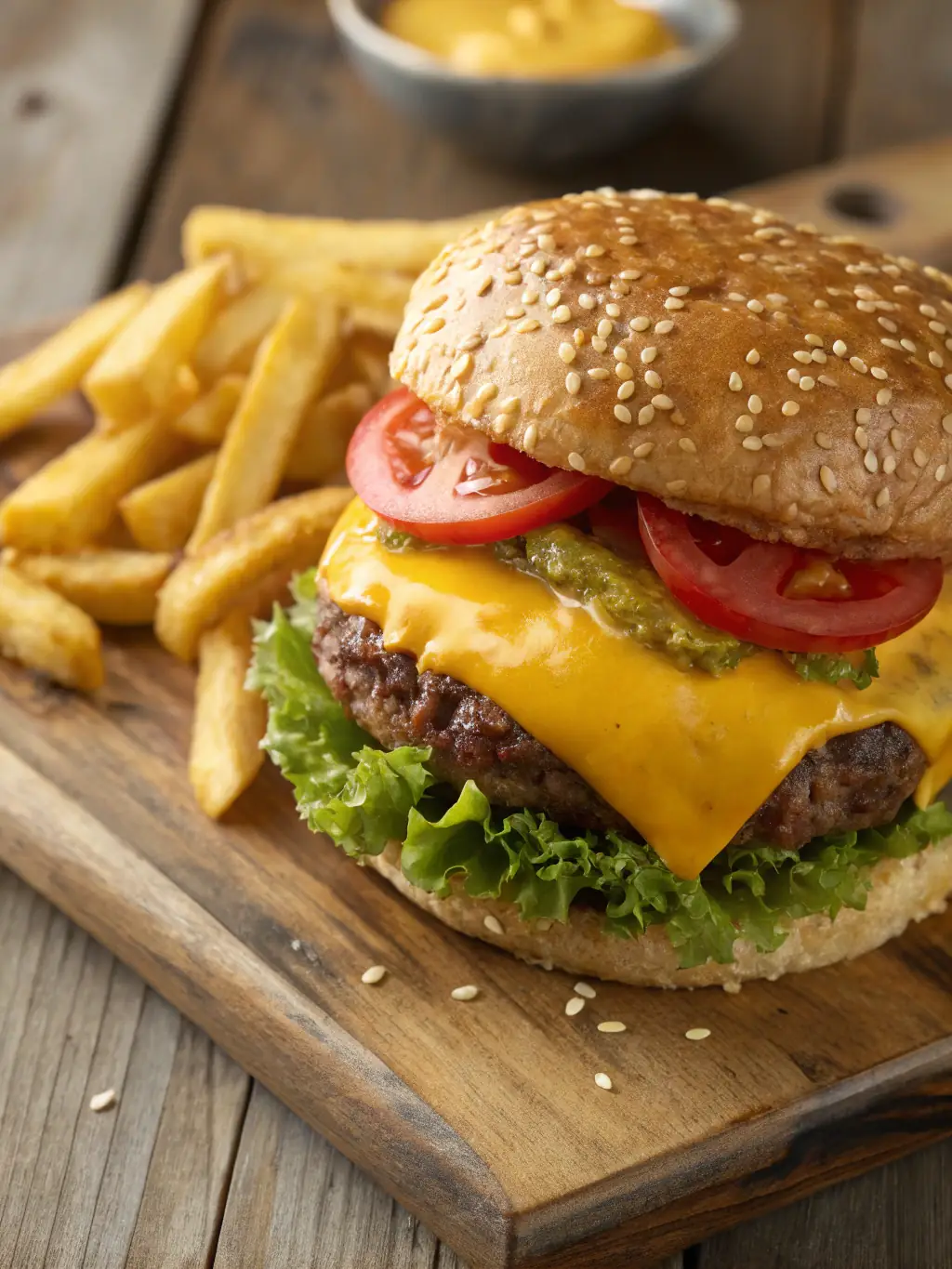 A mouth-watering shot of a juicy burger from 'Burger Bliss', highlighting the melted cheese, crispy bacon, and fresh toppings, emphasizing its availability for delivery through Fooodle.