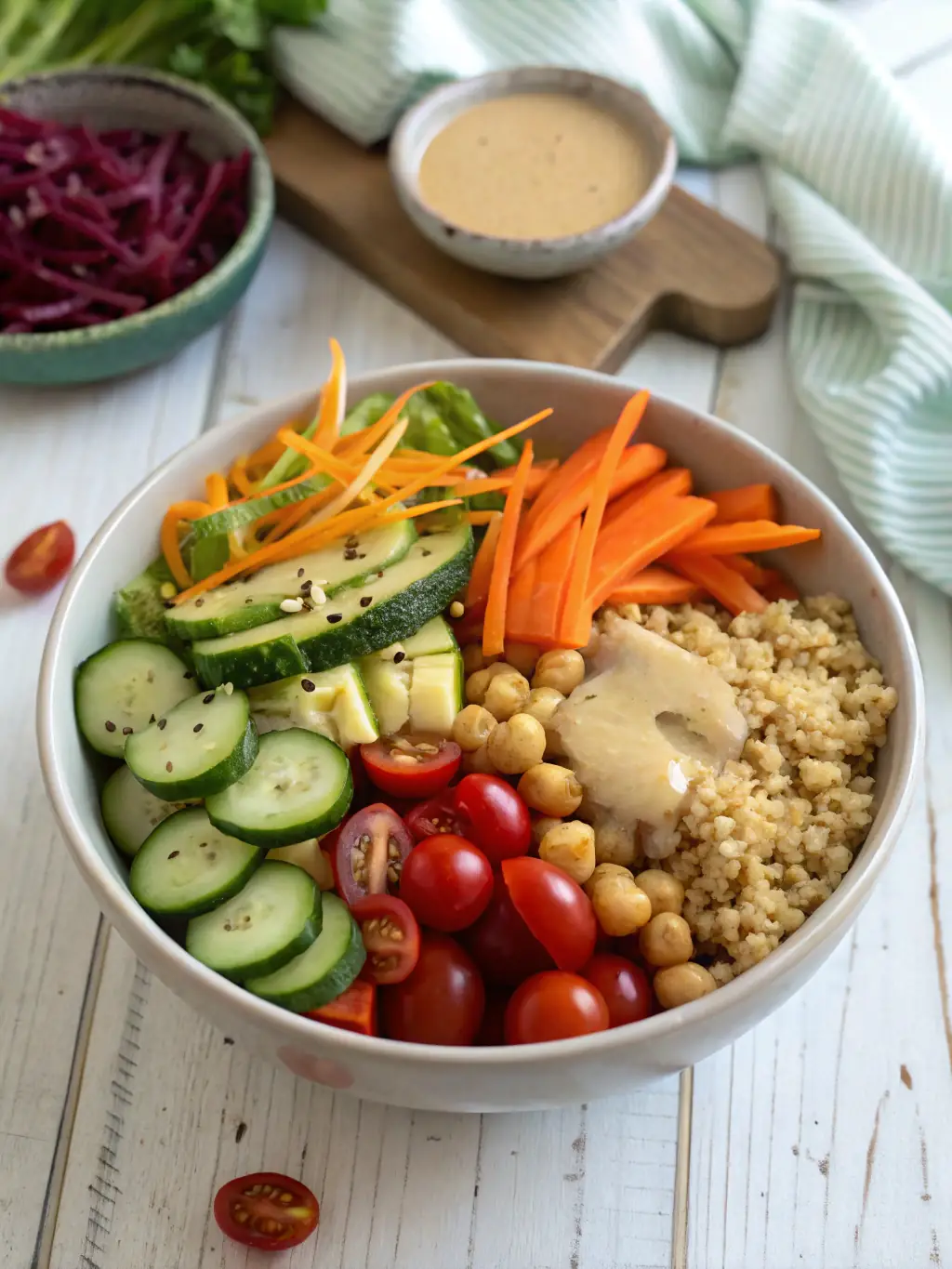 A colorful and appetizing image of Veggie Delight's popular Buddha Bowl, showcasing the variety of fresh vegetables and healthy ingredients, emphasizing its partnership with Fooodle for convenient delivery.