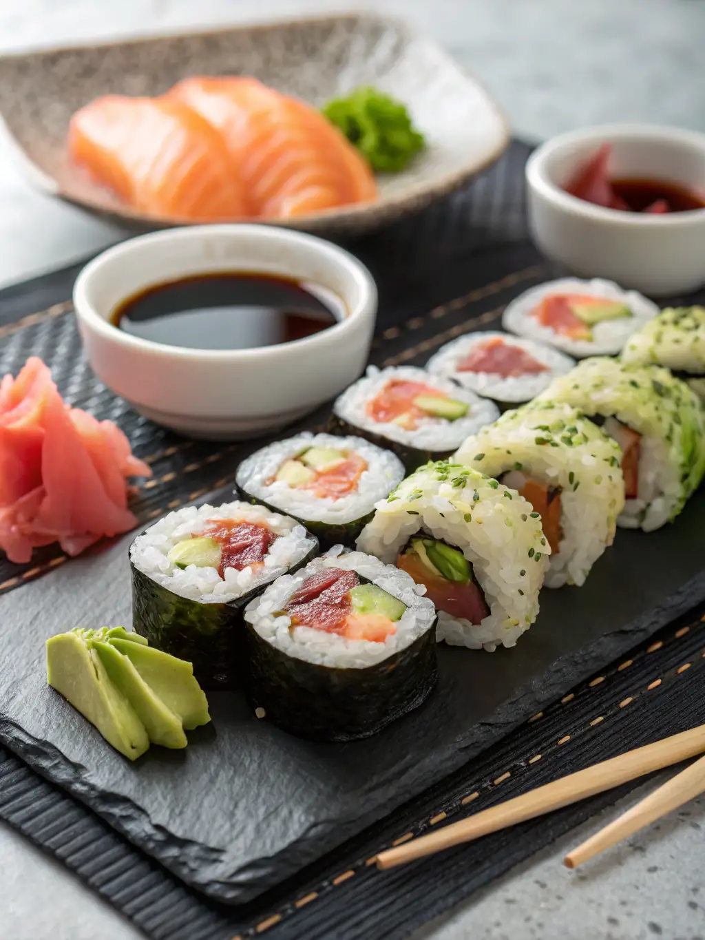 A close-up, artistic photograph of Sushi Haven's signature dragon roll, highlighting the fresh ingredients and expert craftsmanship, promoting its availability for quick delivery via Fooodle.